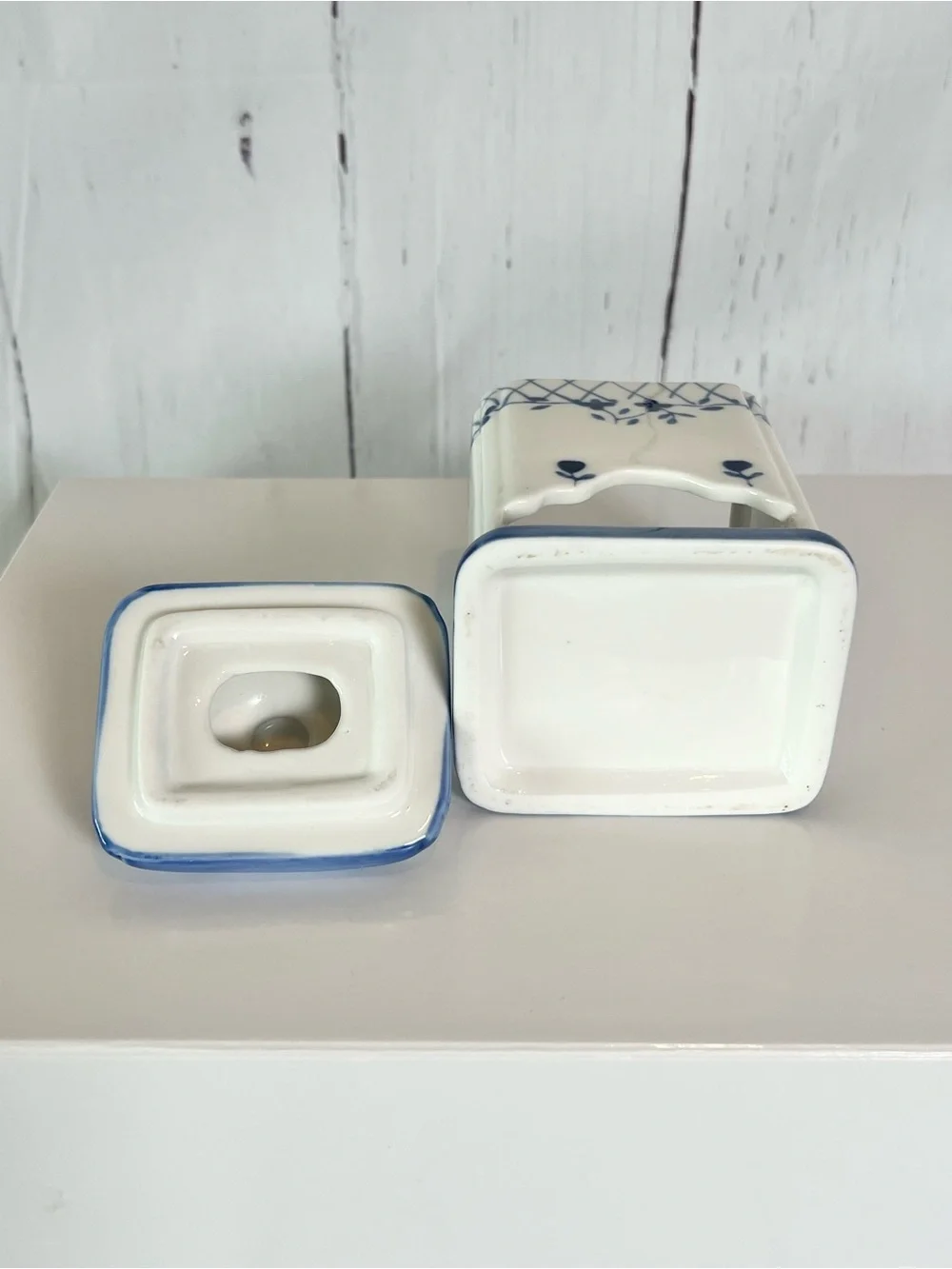 Vintage Blue & White Ceramic Tea Bag, sugar packet Dispenser Cottagecore Decor